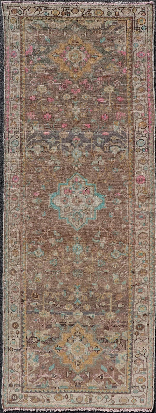 Persian Vintage Hamadan Runner With Medallions Set On A Tan Field. Country of Origin: Iran; Type: Hamedan; Design: Floral, rug MSE - 1293. Persian Floral, All - Over; Keivan Woven Arts. Measures: 3'5 x 9'9 This vintage Persian runner features a palet... - Keivan Woven ArtsMSE - 1293 - 25527Rug