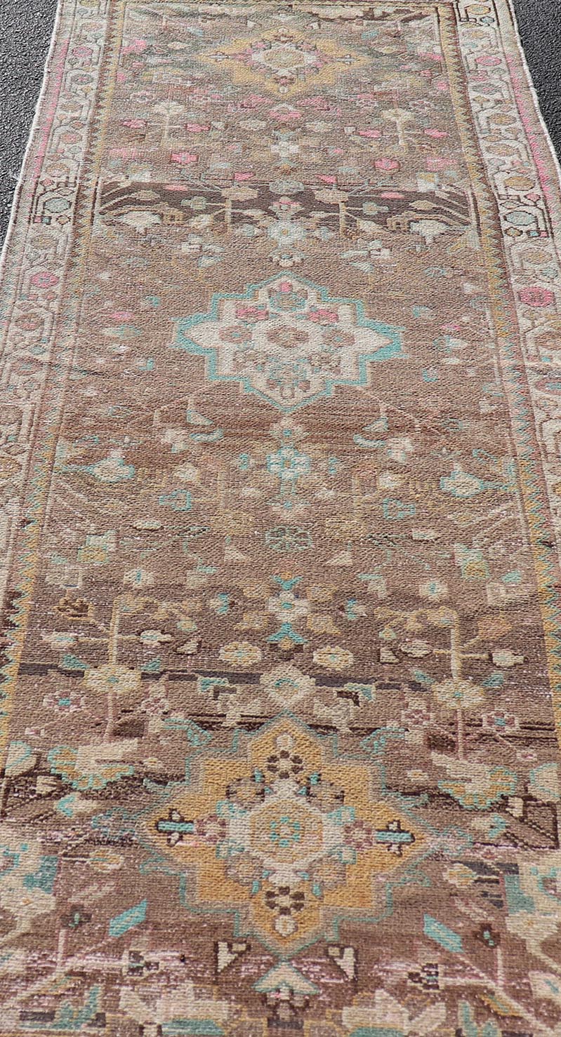 Persian Vintage Hamadan Runner With Medallions Set On A Tan Field. Country of Origin: Iran; Type: Hamedan; Design: Floral, rug MSE - 1293. Persian Floral, All - Over; Keivan Woven Arts. Measures: 3'5 x 9'9 This vintage Persian runner features a palet... - Keivan Woven ArtsMSE - 1293 - 25527Rug