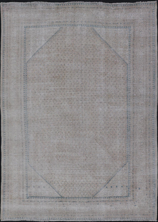 Vintage Persian Tabriz Rug with Muted Cream Tones With Minimalist Design. Keivan Woven Arts / rug MSE - 1412, country of origin / type: Iran/ Tabriz, circa 1960. Measures: 7'3 x 10'9 This Tabriz rug features an intricate and detailed border and an... - Keivan Woven ArtsMSE - 1412 - 25557Rug