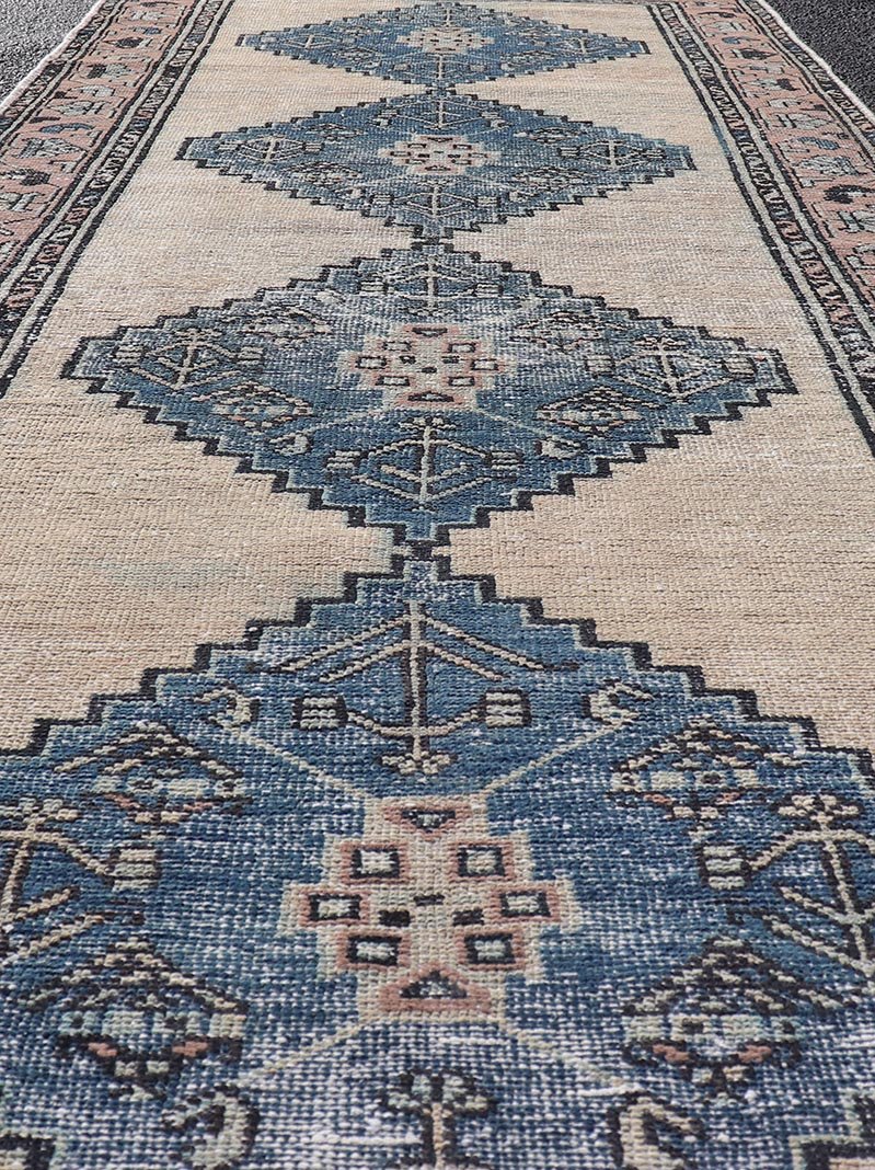 Vintage Persian Hamadan Distressed Runner With Medallion Design In Navy Blue. Keivan Woven Arts / rug MSE - 1416, country of origin / type: Iran / Hamadan, circa 1960. Measures: 3'5 x 9'7 This vintage Persian Hamadan carpet features a refined pal... - Keivan Woven ArtsMSE - 1416 - 25563Rug
