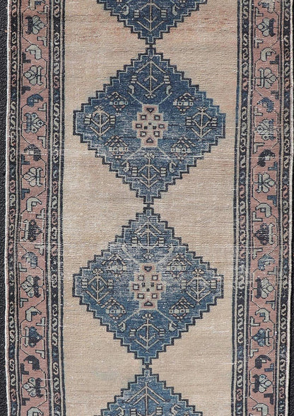 Vintage Persian Hamadan Distressed Runner With Medallion Design In Navy Blue. Keivan Woven Arts / rug MSE - 1416, country of origin / type: Iran / Hamadan, circa 1960. Measures: 3'5 x 9'7 This vintage Persian Hamadan carpet features a refined pal... - Keivan Woven ArtsMSE - 1416 - 25563Rug