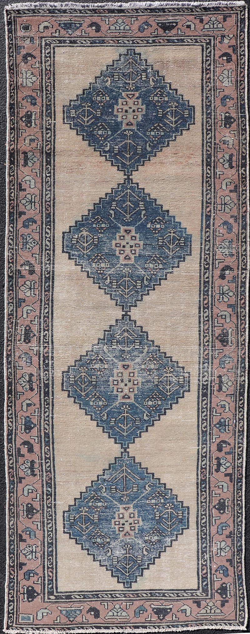 Vintage Persian Hamadan Distressed Runner With Medallion Design In Navy Blue. Keivan Woven Arts / rug MSE - 1416, country of origin / type: Iran / Hamadan, circa 1960. Measures: 3'5 x 9'7 This vintage Persian Hamadan carpet features a refined pal... - Keivan Woven ArtsMSE - 1416 - 25563Rug
