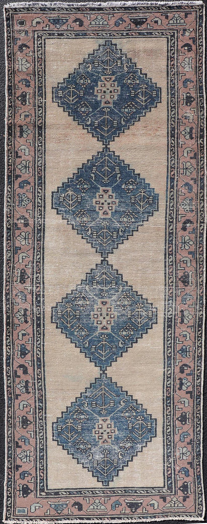 Vintage Persian Hamadan Distressed Runner With Medallion Design In Navy Blue. Keivan Woven Arts / rug MSE - 1416, country of origin / type: Iran / Hamadan, circa 1960. Measures: 3'5 x 9'7 This vintage Persian Hamadan carpet features a refined pal... - Keivan Woven ArtsMSE - 1416 - 25563Rug