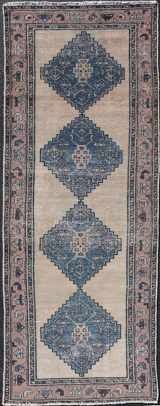 Vintage Persian Hamadan Distressed Runner With Medallion Design In Navy Blue. Keivan Woven Arts / rug MSE - 1416, country of origin / type: Iran / Hamadan, circa 1960. Measures: 3'5 x 9'7 This vintage Persian Hamadan carpet features a refined pal... - Keivan Woven ArtsMSE - 1416 - 25563Rug