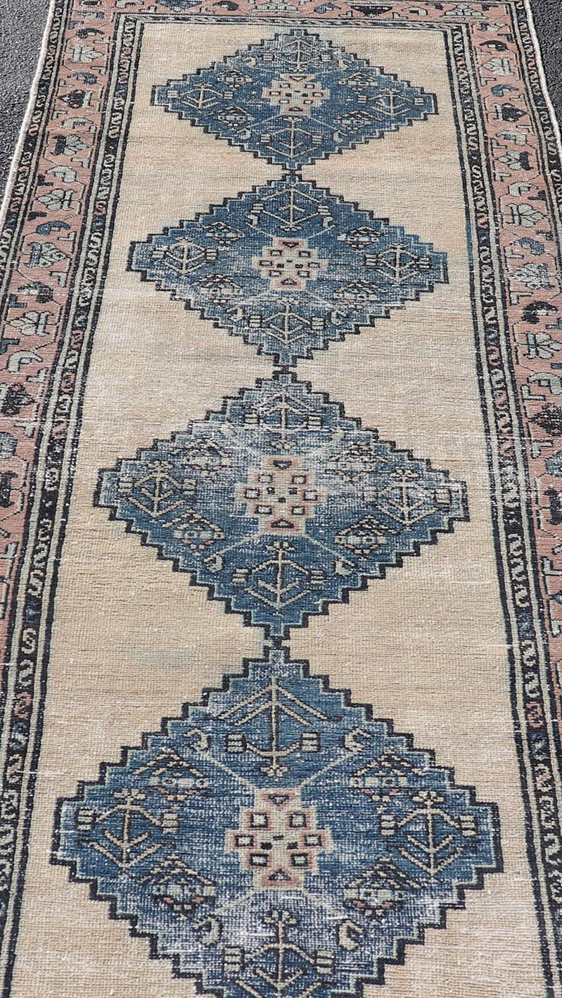 Vintage Persian Hamadan Distressed Runner With Medallion Design In Navy Blue. Keivan Woven Arts / rug MSE - 1416, country of origin / type: Iran / Hamadan, circa 1960. Measures: 3'5 x 9'7 This vintage Persian Hamadan carpet features a refined pal... - Keivan Woven ArtsMSE - 1416 - 25563Rug