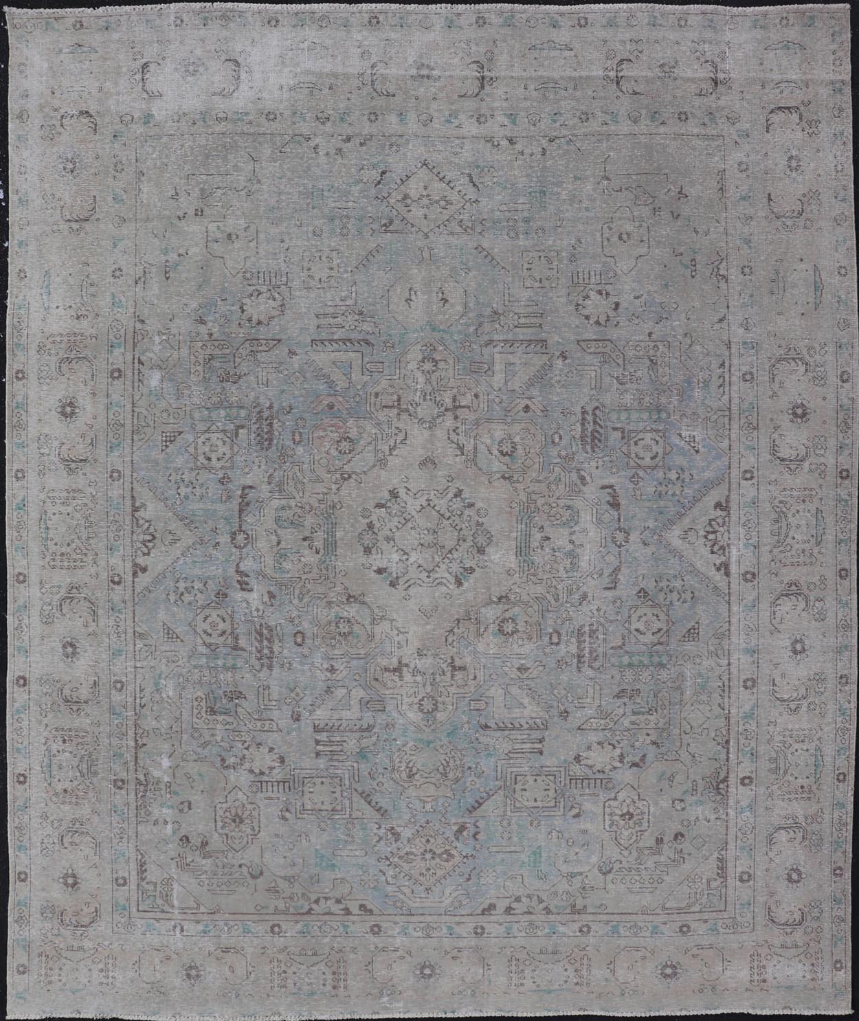 Keivan Woven Arts Vintage Distressed Persian Tabriz Rug in Light Blue and Earth Tones. Vintage Distressed Persian Rug. Keivan Woven Arts / rug MSE - 1512, country of origin / type: Iran / Tabriz, circa 1960. Measures: 10'0 x 12'4 This mid... - Keivan Woven ArtsMSE - 1512 - 25569Rug