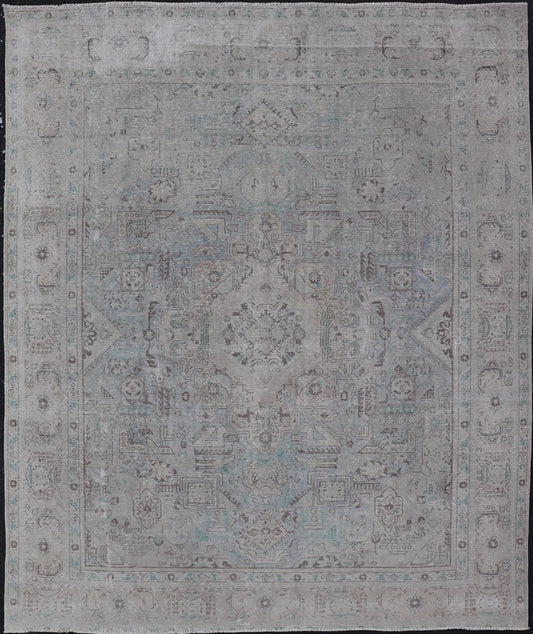Keivan Woven Arts Vintage Distressed Persian Tabriz Rug in Light Blue and Earth Tones. Vintage Distressed Persian Rug. Keivan Woven Arts / rug MSE - 1512, country of origin / type: Iran / Tabriz, circa 1960. Measures: 10'0 x 12'4 This mid... - Keivan Woven ArtsMSE - 1512 - 25569Rug