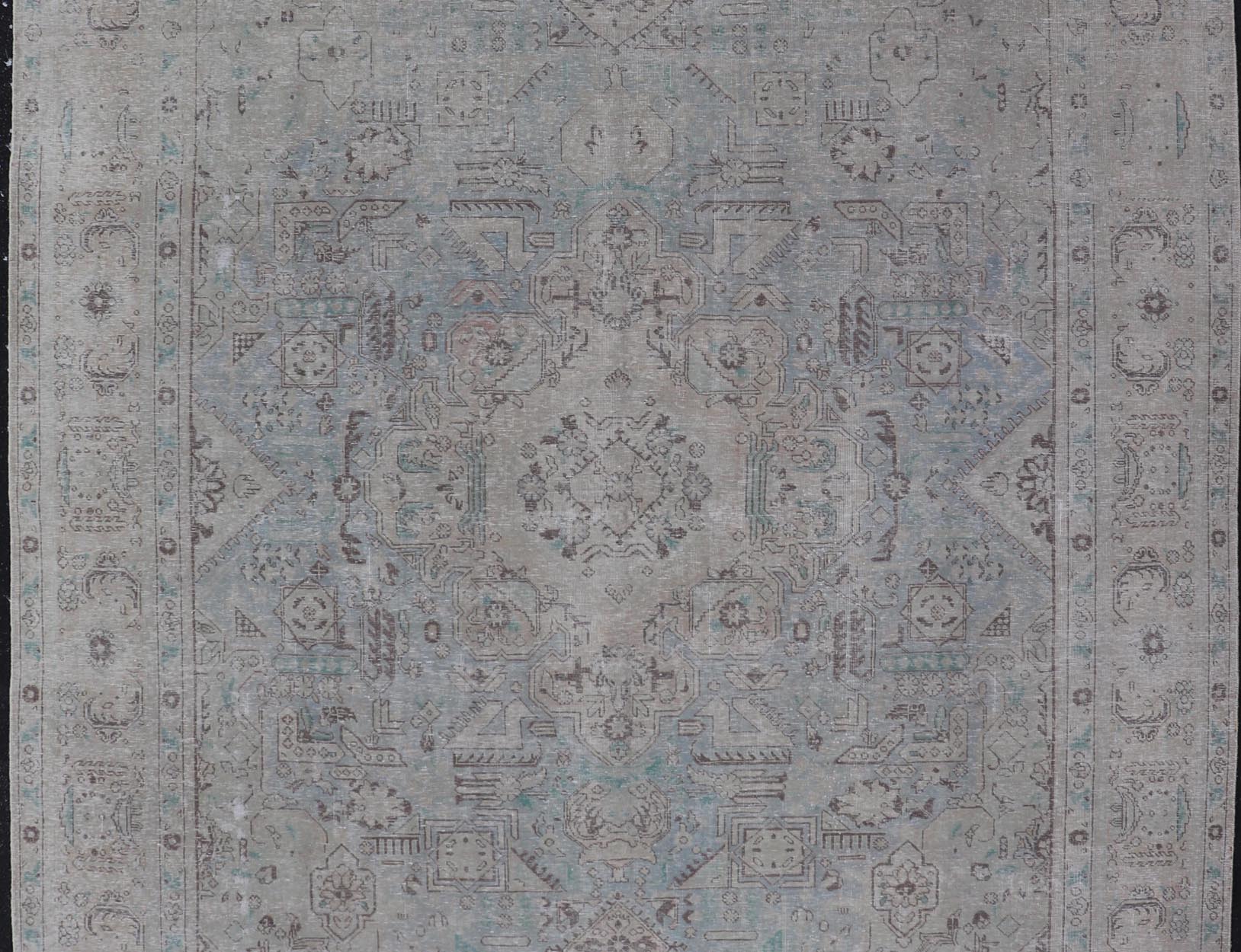 Keivan Woven Arts Vintage Distressed Persian Tabriz Rug in Light Blue and Earth Tones. Vintage Distressed Persian Rug. Keivan Woven Arts / rug MSE - 1512, country of origin / type: Iran / Tabriz, circa 1960. Measures: 10'0 x 12'4 This mid... - Keivan Woven ArtsMSE - 1512 - 25569Rug