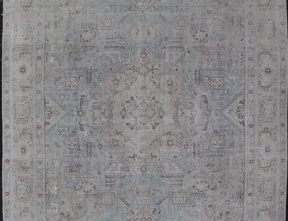 Keivan Woven Arts Vintage Distressed Persian Tabriz Rug in Light Blue and Earth Tones. Vintage Distressed Persian Rug. Keivan Woven Arts / rug MSE - 1512, country of origin / type: Iran / Tabriz, circa 1960. Measures: 10'0 x 12'4 This mid... - Keivan Woven ArtsMSE - 1512 - 25569Rug