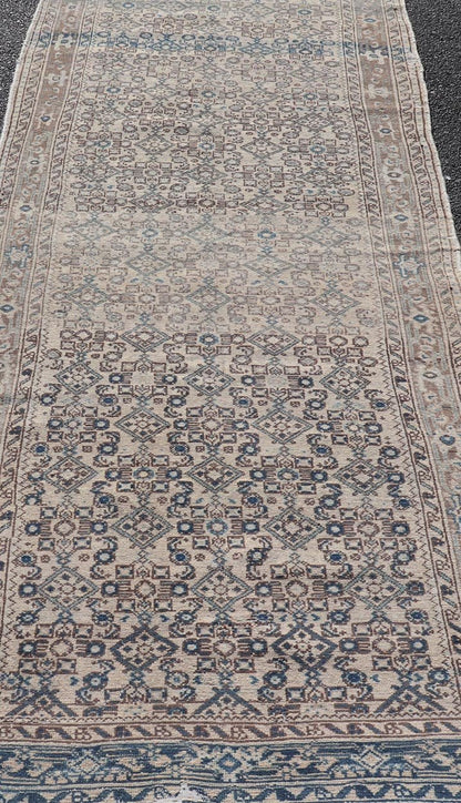Vintage Persian Hamadan Runner in Cool Tones of Light Blue, Ivory, and L. Brown. Country of Origin: Iran; Type: Hamedan; Design: Floral, Persian Floral, All - Over; Keivan Woven Arts: rug MSE - 1944. Measures: 3'7 x 9'8 This vintage Persian runner f... - Keivan Woven ArtsMSE - 1944 - 25581Rug