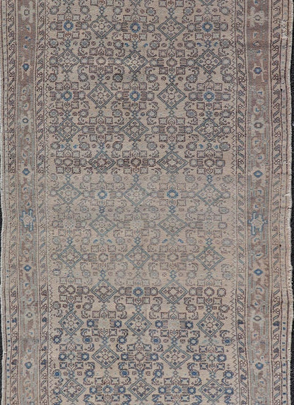 Vintage Persian Hamadan Runner in Cool Tones of Light Blue, Ivory, and L. Brown. Country of Origin: Iran; Type: Hamedan; Design: Floral, Persian Floral, All - Over; Keivan Woven Arts: rug MSE - 1944. Measures: 3'7 x 9'8 This vintage Persian runner f... - Keivan Woven ArtsMSE - 1944 - 25581Rug