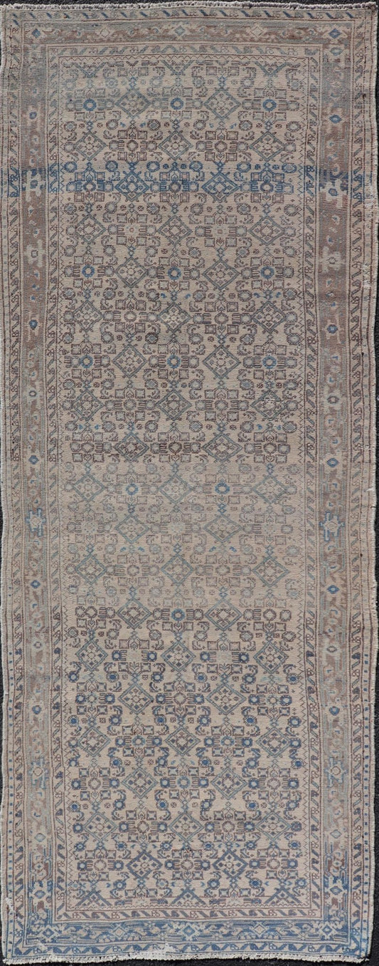 Vintage Persian Hamadan Runner in Cool Tones of Light Blue, Ivory, and L. Brown. Country of Origin: Iran; Type: Hamedan; Design: Floral, Persian Floral, All - Over; Keivan Woven Arts: rug MSE - 1944. Measures: 3'7 x 9'8 This vintage Persian runner f... - Keivan Woven ArtsMSE - 1944 - 25581Rug