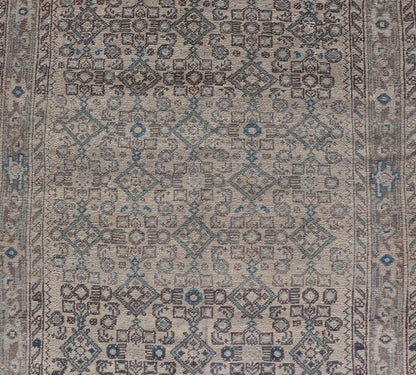 Vintage Persian Hamadan Runner in Cool Tones of Light Blue, Ivory, and L. Brown. Country of Origin: Iran; Type: Hamedan; Design: Floral, Persian Floral, All - Over; Keivan Woven Arts: rug MSE - 1944. Measures: 3'7 x 9'8 This vintage Persian runner f... - Keivan Woven ArtsMSE - 1944 - 25581Rug