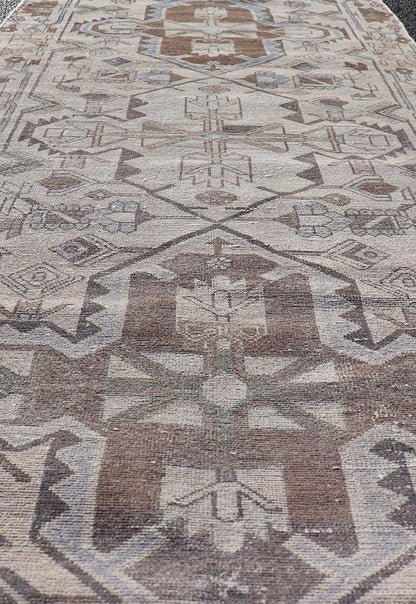 Vintage Persian Hamadan Runner with Medallions in Cream, Light Grey and Lt Blue. Keivan Woven Arts rug MSE - 1951, country of origin / type: Iran / Hamadan, circa mid - 20th century. Measures: 3'6 x 10'1 This magnificent Persian rug from the mid - 20... - Keivan Woven ArtsMSE - 1951 - 25587Rug