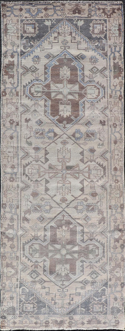 Vintage Persian Hamadan Runner with Medallions in Cream, Light Grey and Lt Blue. Keivan Woven Arts rug MSE - 1951, country of origin / type: Iran / Hamadan, circa mid - 20th century. Measures: 3'6 x 10'1 This magnificent Persian rug from the mid - 20... - Keivan Woven ArtsMSE - 1951 - 25587Rug