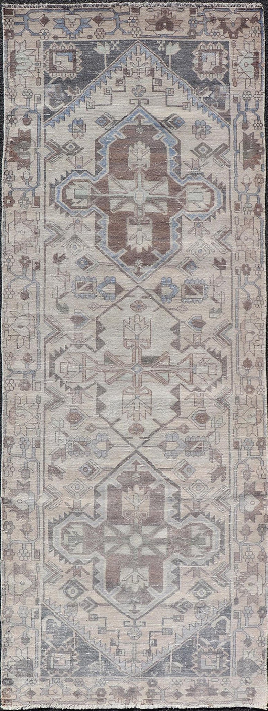 Vintage Persian Hamadan Runner with Medallions in Cream, Light Grey and Lt Blue. Keivan Woven Arts rug MSE - 1951, country of origin / type: Iran / Hamadan, circa mid - 20th century. Measures: 3'6 x 10'1 This magnificent Persian rug from the mid - 20... - Keivan Woven ArtsMSE - 1951 - 25587Rug