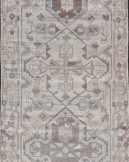 Vintage Persian Hamadan Runner with Medallions in Cream, Light Grey and Lt Blue. Keivan Woven Arts rug MSE - 1951, country of origin / type: Iran / Hamadan, circa mid - 20th century. Measures: 3'6 x 10'1 This magnificent Persian rug from the mid - 20... - Keivan Woven ArtsMSE - 1951 - 25587Rug