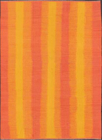 Sunset Striped Afghan Kilim Rug. Measures: 10'5 x 13'6. This designer Kilim is decorated with a vertical stripe pattern. The flat - woven rug is rendered in shades of yellow, orange and pink, reminiscent of a beautiful sunset. Sunset Striped... - Keivan Woven ArtsMSE - 2 - 6604Rug