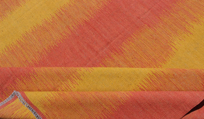 Sunset Striped Afghan Kilim Rug. Measures: 10'5 x 13'6. This designer Kilim is decorated with a vertical stripe pattern. The flat - woven rug is rendered in shades of yellow, orange and pink, reminiscent of a beautiful sunset. Sunset Striped... - Keivan Woven ArtsMSE - 2 - 6604Rug
