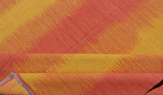 Sunset Striped Afghan Kilim Rug. Measures: 10'5 x 13'6. This designer Kilim is decorated with a vertical stripe pattern. The flat - woven rug is rendered in shades of yellow, orange and pink, reminiscent of a beautiful sunset. Sunset Striped... - Keivan Woven ArtsMSE - 2 - 6604Rug