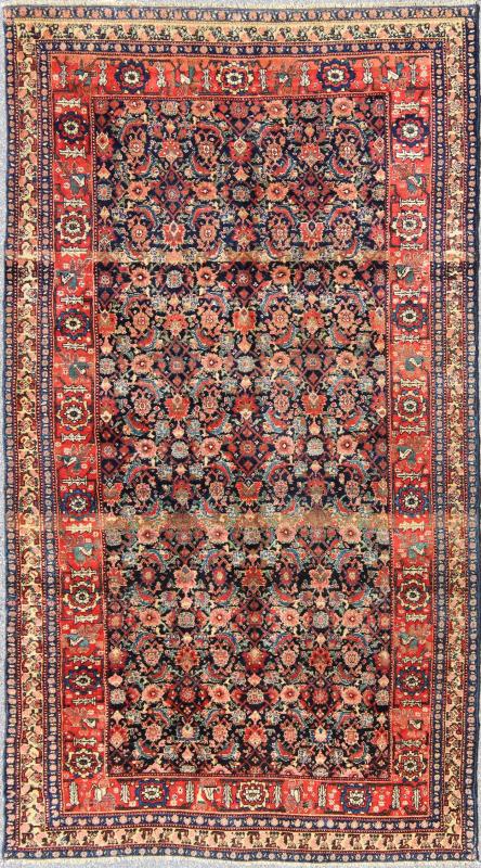 Antique Persian Gallery Bidjar Rug This piece is a Northwest Persian Bidjar carpet with a navy field decorated by red lattice - work and various flowers in shades of coral, sky blue, green, light camel, mahogany, ivory and red. Ivory and sky blue ... - Keivan Woven ArtsN15 - 0201 - 76Rug