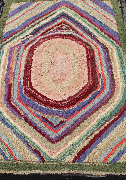 Antique Multicolor American Hooked Rug in Layered Diamond Design &Geometric American hooked rugs are indigenous to the Northeast region of the United States and Eastern Canada. Their production began in the mid - 1800s, gradually spreading lower to ... - Keivan Woven ArtsN15 - 0301 - 72Rug