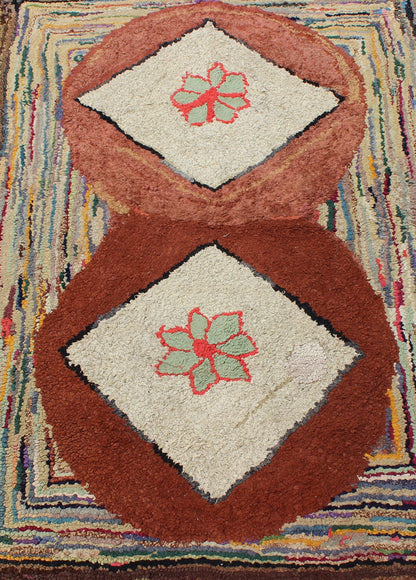 Very Unique Antique Multicolor American Hooked Rug in Diamond stripes. American hooked rugs are indigenous to the Northeast region of the United States and Eastern Canada. Their production began in the mid - 1800s, gradually spreading lower in to No... - Keivan Woven ArtsN15 - 0302 - 68Rug