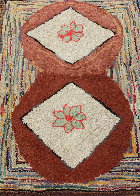 Very Unique Antique Multicolor American Hooked Rug in Diamond stripes. American hooked rugs are indigenous to the Northeast region of the United States and Eastern Canada. Their production began in the mid - 1800s, gradually spreading lower in to No... - Keivan Woven ArtsN15 - 0302 - 68Rug