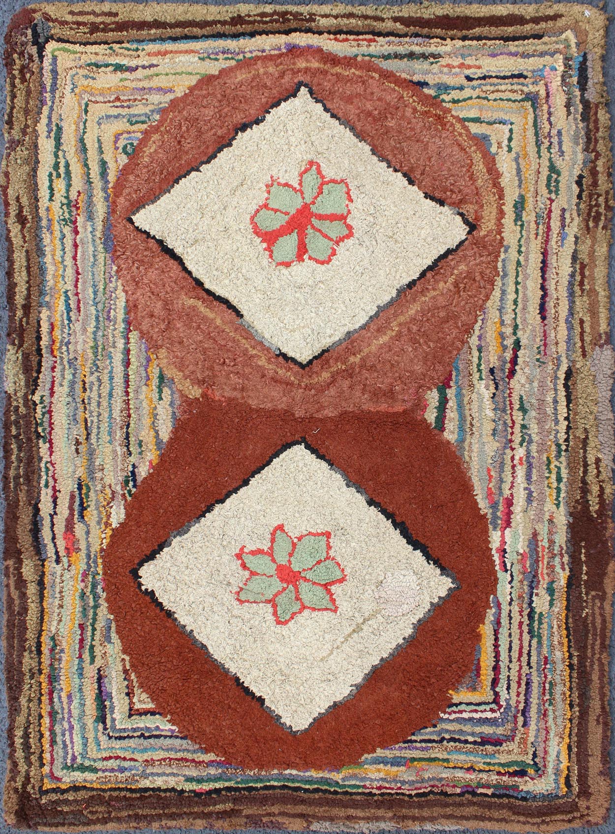 Very Unique Antique Multicolor American Hooked Rug in Diamond stripes. American hooked rugs are indigenous to the Northeast region of the United States and Eastern Canada. Their production began in the mid - 1800s, gradually spreading lower in to No... - Keivan Woven ArtsN15 - 0302 - 68Rug