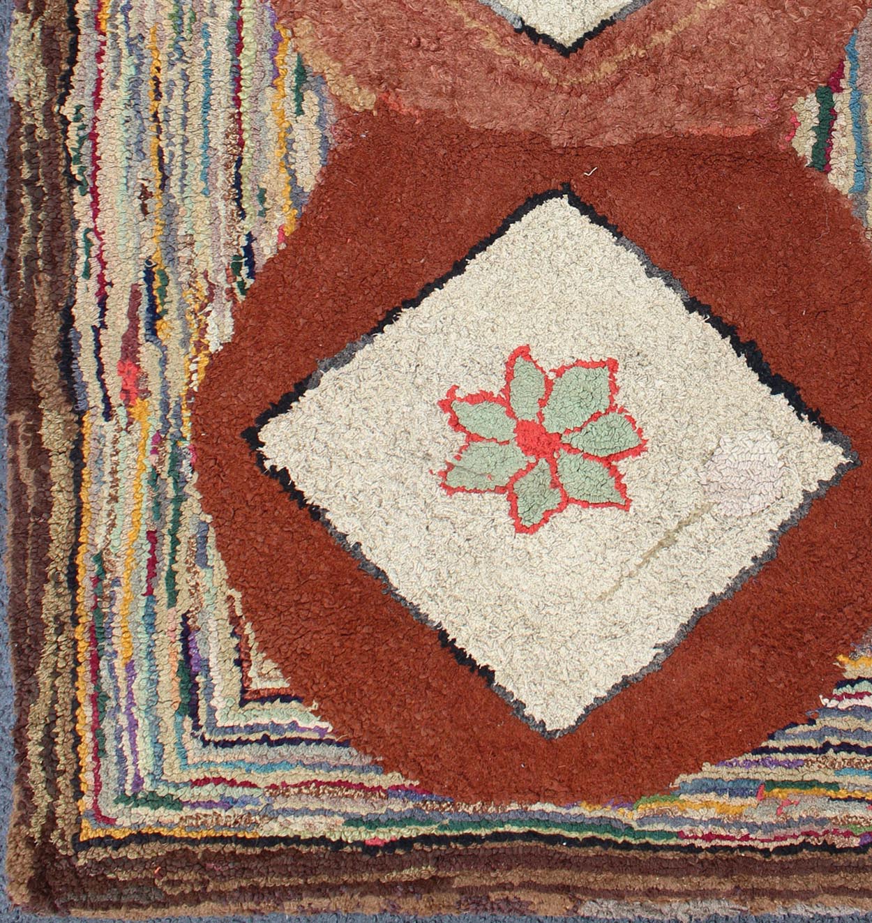 Very Unique Antique Multicolor American Hooked Rug in Diamond stripes. American hooked rugs are indigenous to the Northeast region of the United States and Eastern Canada. Their production began in the mid - 1800s, gradually spreading lower in to No... - Keivan Woven ArtsN15 - 0302 - 68Rug