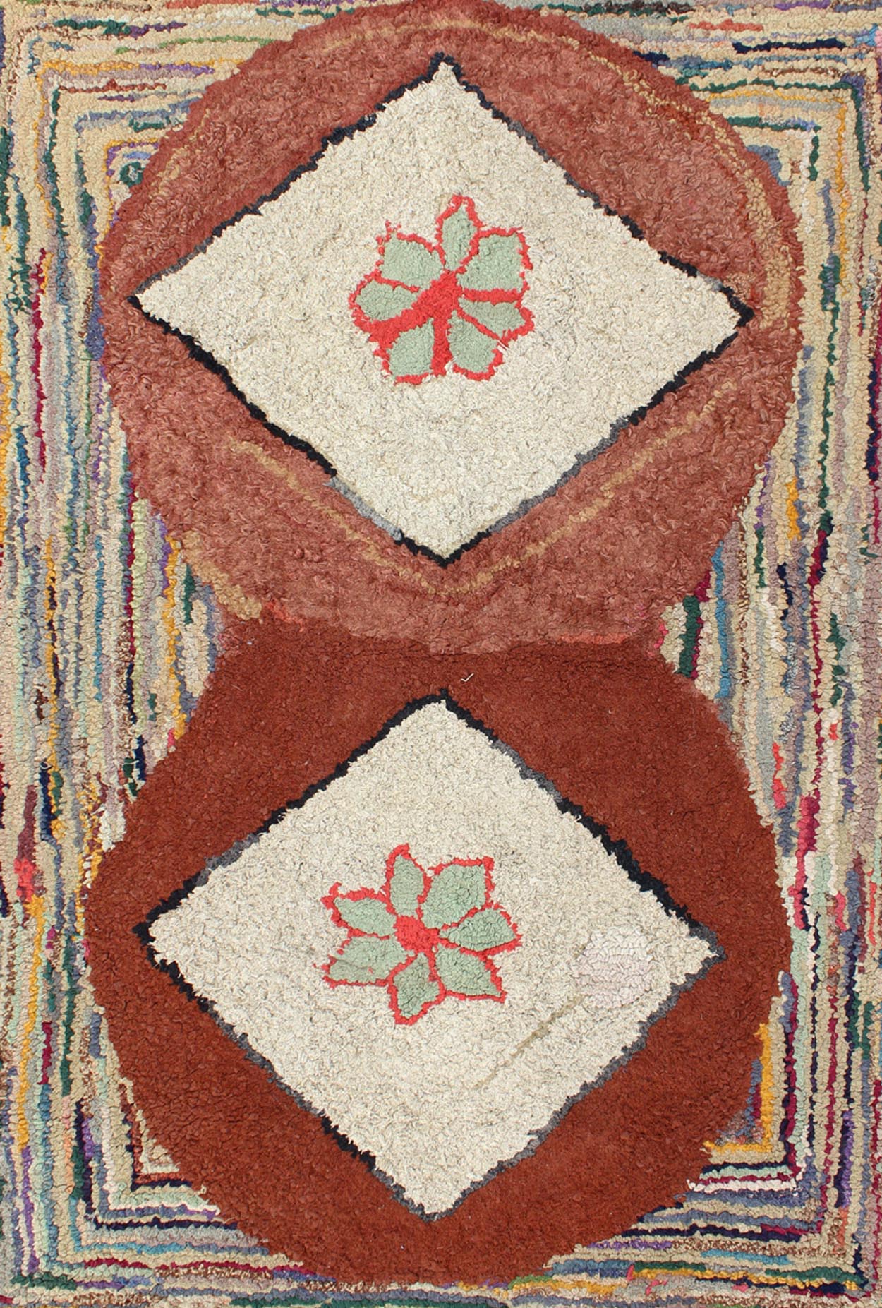 Very Unique Antique Multicolor American Hooked Rug in Diamond stripes. American hooked rugs are indigenous to the Northeast region of the United States and Eastern Canada. Their production began in the mid - 1800s, gradually spreading lower in to No... - Keivan Woven ArtsN15 - 0302 - 68Rug