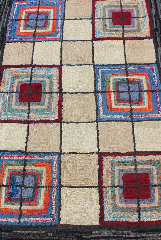 Checkerboard Vintage American Hooked Rug with Geometric Cross Designs. Ingenious in style, color and composition, the features in this spectacular, antique American Hooked rug create an illusion of depth and texture. The beautifully colorful ch... - Keivan Woven ArtsN15 - 0303 - 56Rug
