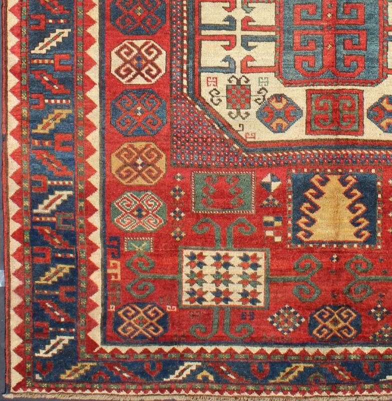 Antique Kazak Karachopf Rug with Octagon Medallion in Red, Blue and Green Tones. Keivan Woven Arts / rug N15 - 0306, country of origin / type: Caucus / Karachopf, circa 1880. Measures: 6' x 7.1. Karachopf rugs are among the most desirable Caucasian... - Keivan Woven ArtsN15 - 0306 - 34Rug