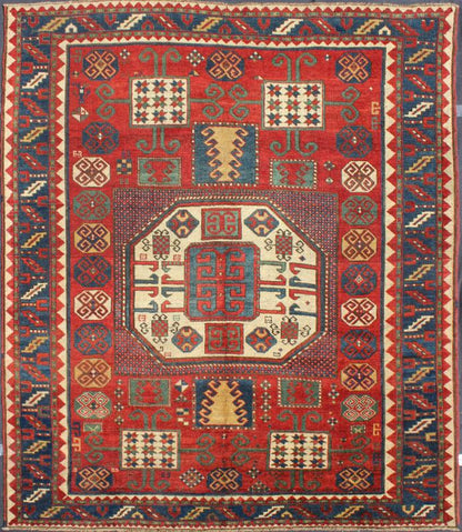 Antique Kazak Karachopf Rug with Octagon Medallion in Red, Blue and Green Tones. Keivan Woven Arts / rug N15 - 0306, country of origin / type: Caucus / Karachopf, circa 1880. Measures: 6' x 7.1. Karachopf rugs are among the most desirable Caucasian... - Keivan Woven ArtsN15 - 0306 - 34Rug