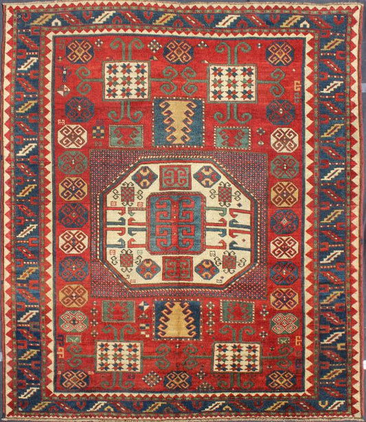 Antique Kazak Karachopf Rug with Octagon Medallion in Red, Blue and Green Tones. Keivan Woven Arts / rug N15 - 0306, country of origin / type: Caucus / Karachopf, circa 1880. Measures: 6' x 7.1. Karachopf rugs are among the most desirable Caucasian... - Keivan Woven ArtsN15 - 0306 - 34Rug