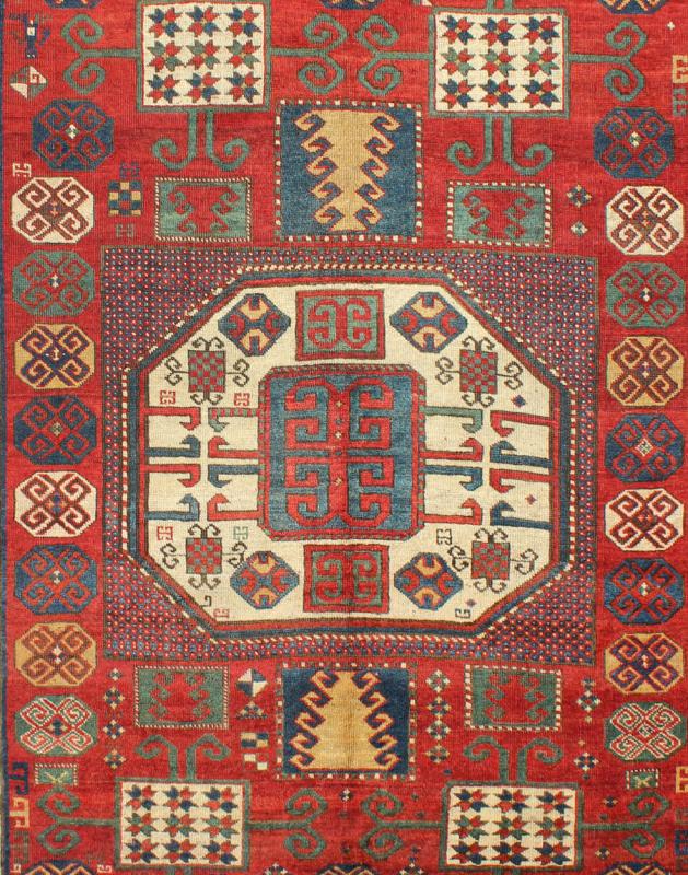Antique Kazak Karachopf Rug with Octagon Medallion in Red, Blue and Green Tones. Keivan Woven Arts / rug N15 - 0306, country of origin / type: Caucus / Karachopf, circa 1880. Measures: 6' x 7.1. Karachopf rugs are among the most desirable Caucasian... - Keivan Woven ArtsN15 - 0306 - 34Rug