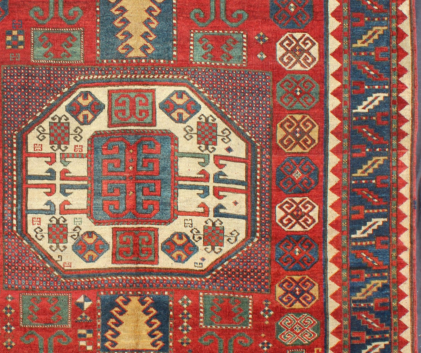 Antique Kazak Karachopf Rug with Octagon Medallion in Red, Blue and Green Tones. Keivan Woven Arts / rug N15 - 0306, country of origin / type: Caucus / Karachopf, circa 1880. Measures: 6' x 7.1. Karachopf rugs are among the most desirable Caucasian... - Keivan Woven ArtsN15 - 0306 - 34Rug