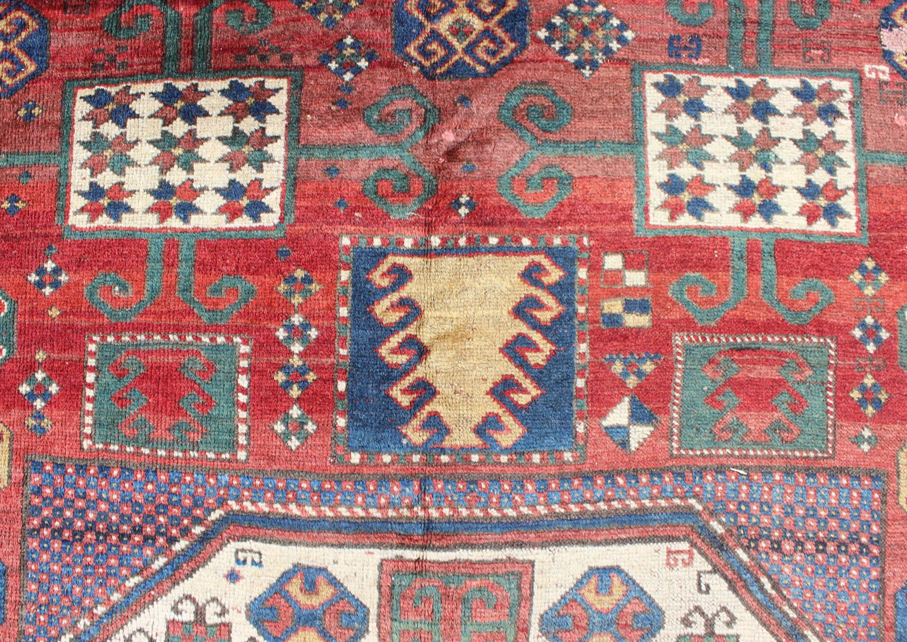 Antique Kazak Karachopf Rug with Octagon Medallion in Red, Blue and Green Tones. Keivan Woven Arts / rug N15 - 0306, country of origin / type: Caucus / Karachopf, circa 1880. Measures: 6' x 7.1. Karachopf rugs are among the most desirable Caucasian... - Keivan Woven ArtsN15 - 0306 - 34Rug