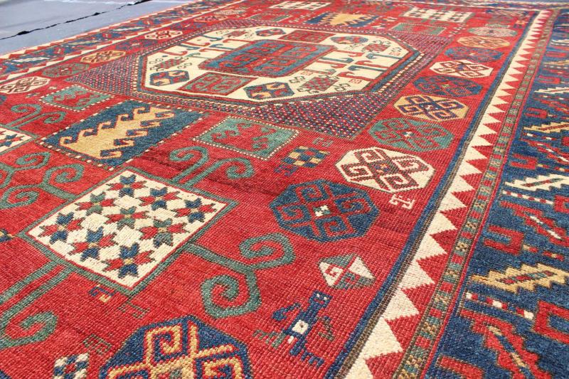 Antique Kazak Karachopf Rug with Octagon Medallion in Red, Blue and Green Tones. Keivan Woven Arts / rug N15 - 0306, country of origin / type: Caucus / Karachopf, circa 1880. Measures: 6' x 7.1. Karachopf rugs are among the most desirable Caucasian... - Keivan Woven ArtsN15 - 0306 - 34Rug