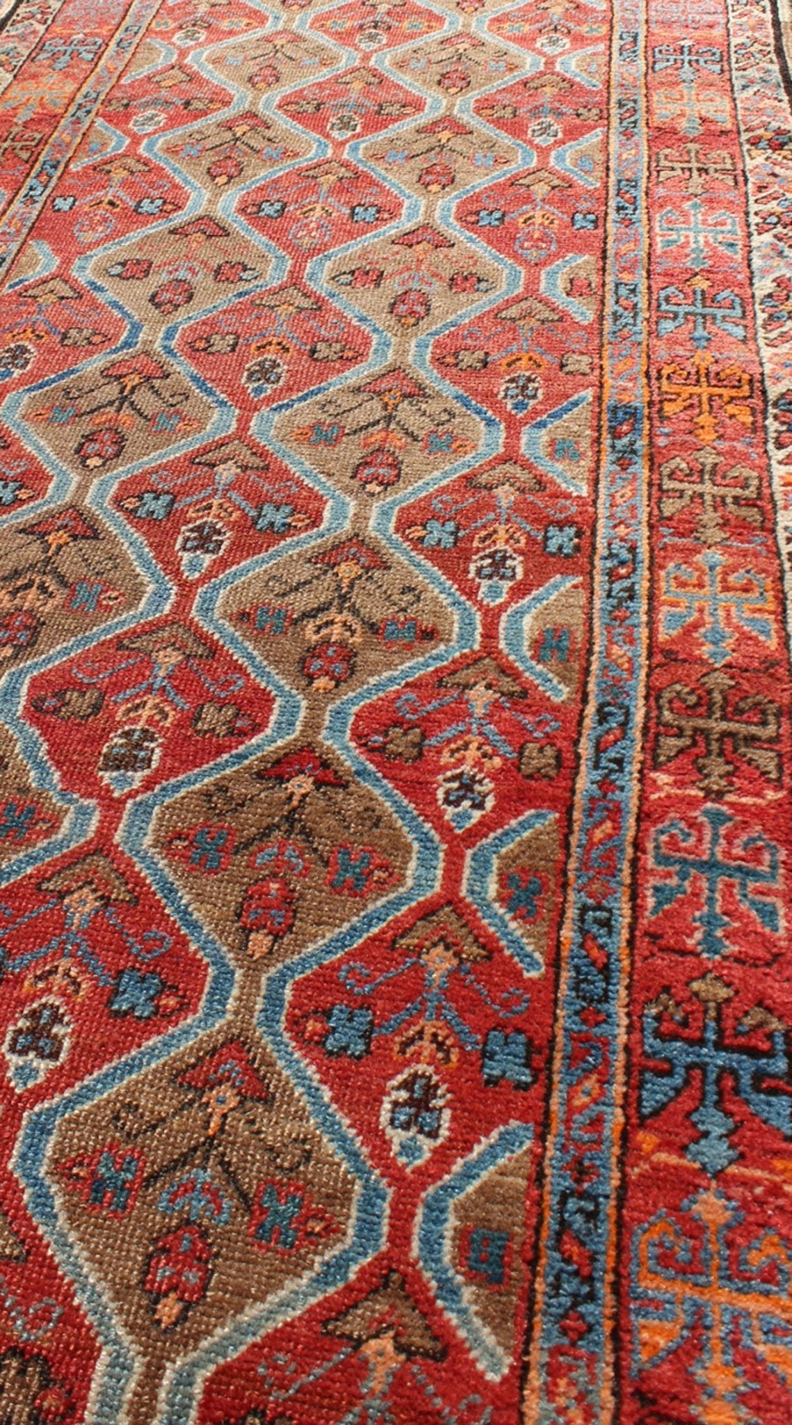 Antique Serapi Runner with All - Over, Multicolor Geometric Design Measures: 2'10'' x 10'9''. This antique Serapi - Heriz displays a charming and rich combination of various jewel tones. The geometric diamond shapes are repeated in different form... - Keivan Woven ArtsN15 - 0502 - 7103Rug