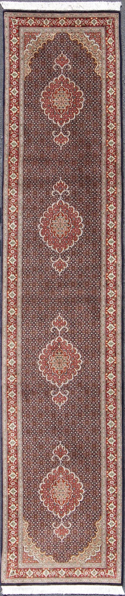 N15 - 0701, Vintage Persian Tabriz Runner - This Semi Antique Tabriz runner is hand - woven of wool and silk features a repeating medallion design rendered in red and brown tones. 2'7 X 12' - Keivan Woven ArtsN15 - 0701 - 6588Rug