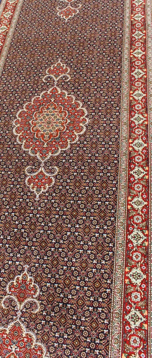 N15 - 0701, Vintage Persian Tabriz Runner - This Semi Antique Tabriz runner is hand - woven of wool and silk features a repeating medallion design rendered in red and brown tones. 2'7 X 12' - Keivan Woven ArtsN15 - 0701 - 6588Rug