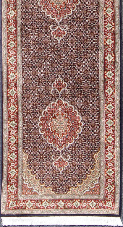 N15 - 0701, Vintage Persian Tabriz Runner - This Semi Antique Tabriz runner is hand - woven of wool and silk features a repeating medallion design rendered in red and brown tones. 2'7 X 12' - Keivan Woven ArtsN15 - 0701 - 6588Rug