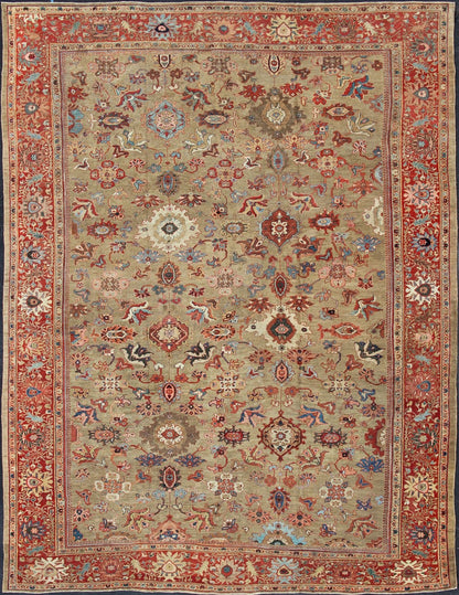 Antique Persian Large Ziegler Sultanabad Rug with Tan Background & Red Border. Tan background Ziegler Persian Sultanabad Antique. Keivan Woven Arts / kwarugs/N15 - 1001 Antique Persian Ziegler Sultanabad Rug. Measures: 13'6 x 17' This exceptional a... - Keivan Woven ArtsN15 - 1001 - 6947Rug