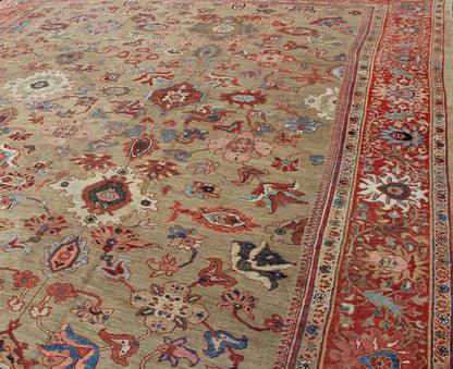 Antique Persian Large Ziegler Sultanabad Rug with Tan Background & Red Border. Tan background Ziegler Persian Sultanabad Antique. Keivan Woven Arts / kwarugs/N15 - 1001 Antique Persian Ziegler Sultanabad Rug. Measures: 13'6 x 17' This exceptional a... - Keivan Woven ArtsN15 - 1001 - 6947Rug