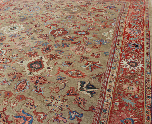 Antique Persian Large Ziegler Sultanabad Rug with Tan Background & Red Border. Tan background Ziegler Persian Sultanabad Antique. Keivan Woven Arts / kwarugs/N15 - 1001 Antique Persian Ziegler Sultanabad Rug. Measures: 13'6 x 17' This exceptional a... - Keivan Woven ArtsN15 - 1001 - 6947Rug