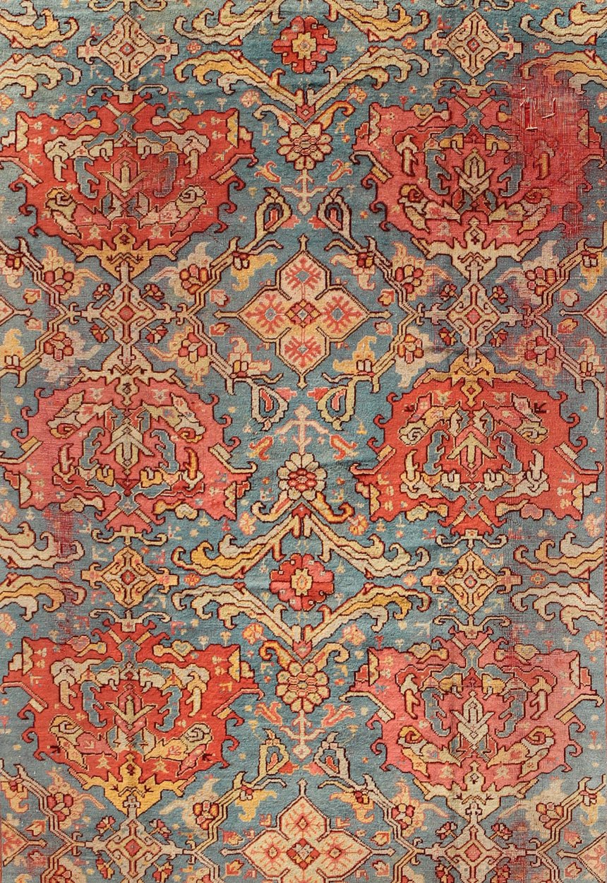 Antique Colorful Turkish Oushak Rug with Teal Color This wonderful Turkish Oushak rug is set on a teal - blue background. The eight over - sized medallions are opulent with two shades of coral and the same accent colors in the center field. The back... - Keivan Woven ArtsN15 - 1003 - 7014Rug