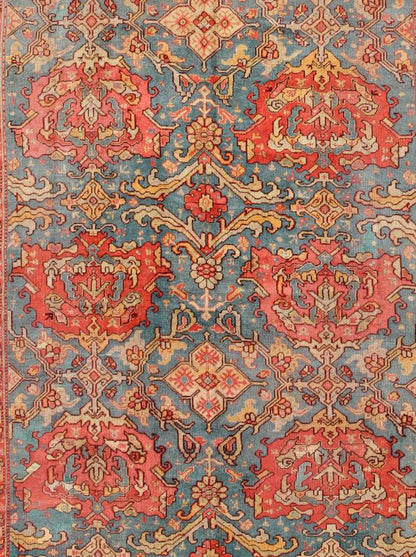 Antique Colorful Turkish Oushak Rug with Teal Color This wonderful Turkish Oushak rug is set on a teal - blue background. The eight over - sized medallions are opulent with two shades of coral and the same accent colors in the center field. The back... - Keivan Woven ArtsN15 - 1003 - 7014Rug
