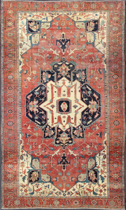 Large Antique Persian Serapi Rug in Faded Red, Teal, Navy Blue, and Ivory with Large Geometric Medallion, antique Persian Serapi rug / N15 - 1203, country of origin / type: Iran / Serapi Serapi rugs are known as the finest rugs produced in the Her... - Keivan Woven ArtsN15 - 1203 - 8846Rug