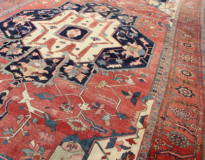 Large Antique Persian Serapi Rug in Faded Red, Teal, Navy Blue, and Ivory with Large Geometric Medallion, antique Persian Serapi rug / N15 - 1203, country of origin / type: Iran / Serapi Serapi rugs are known as the finest rugs produced in the Her... - Keivan Woven ArtsN15 - 1203 - 8846Rug